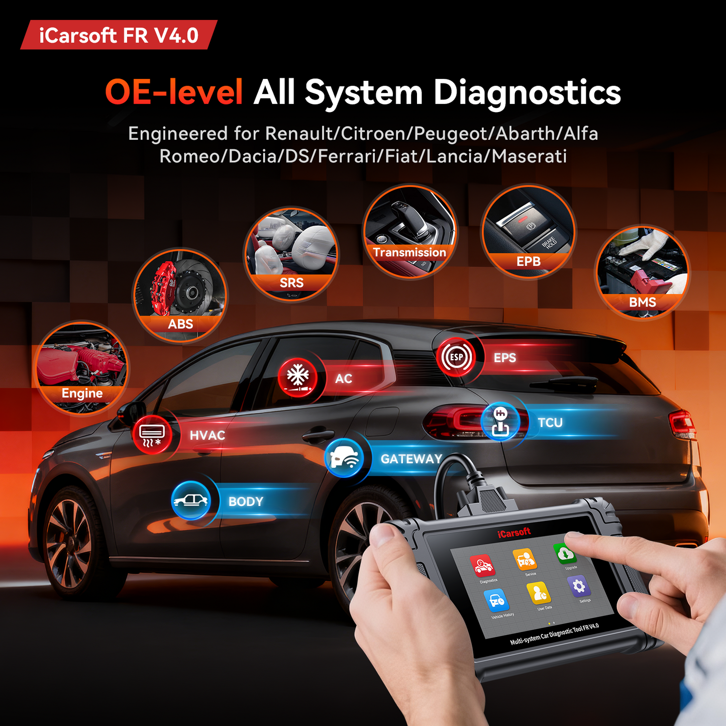 iCarsoft FR V4.0 Peugeot/Citroen/Renault/Fiat/Dacia | diagnosverktyg felkodsläsare WIFI | 5" Touchskärm