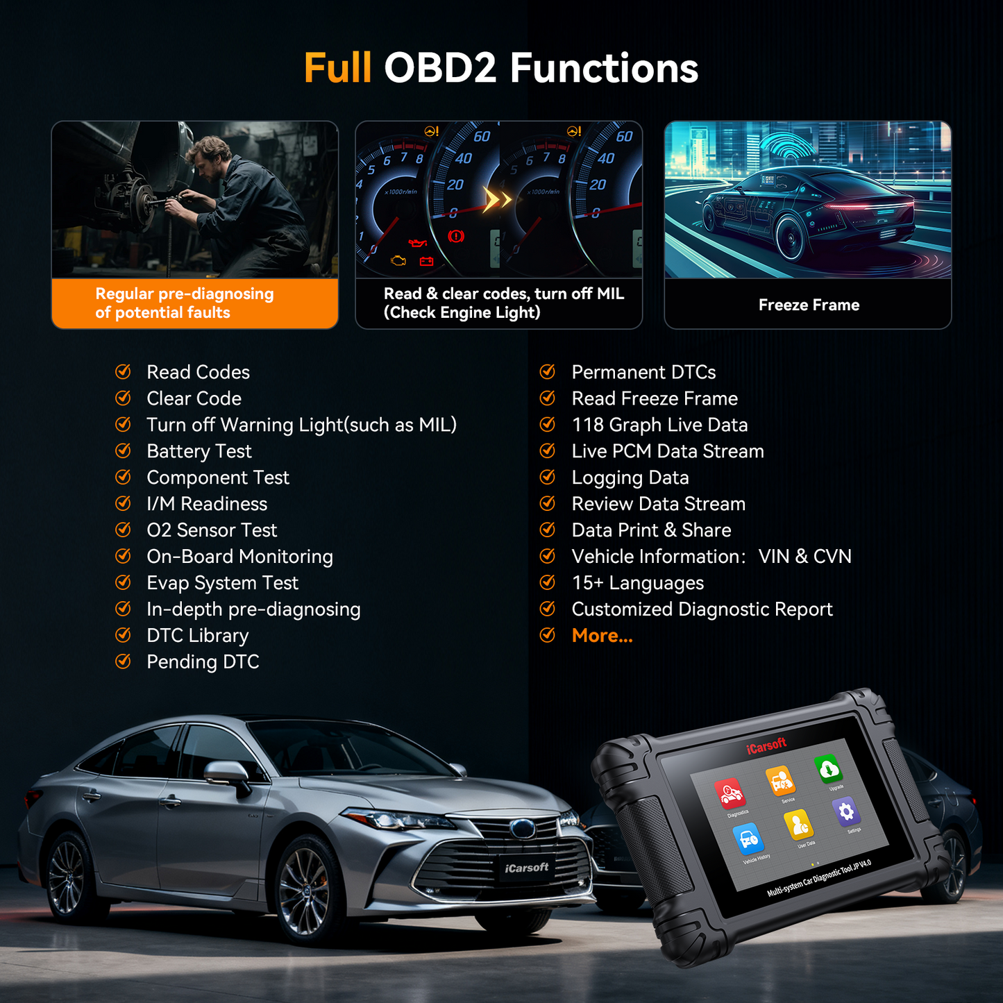 iCarsoft JP V4.0 Diagnosverktyg för Toyota, Lexus, Scion, Honda, Acura, Nissan, Infiniti, Nissan GTR, Mazda, Mitsubishi, Subaru, Suzuki, Hyundai, Kia, Isuzu, Daewoo WIFI | 5" Touchskärm