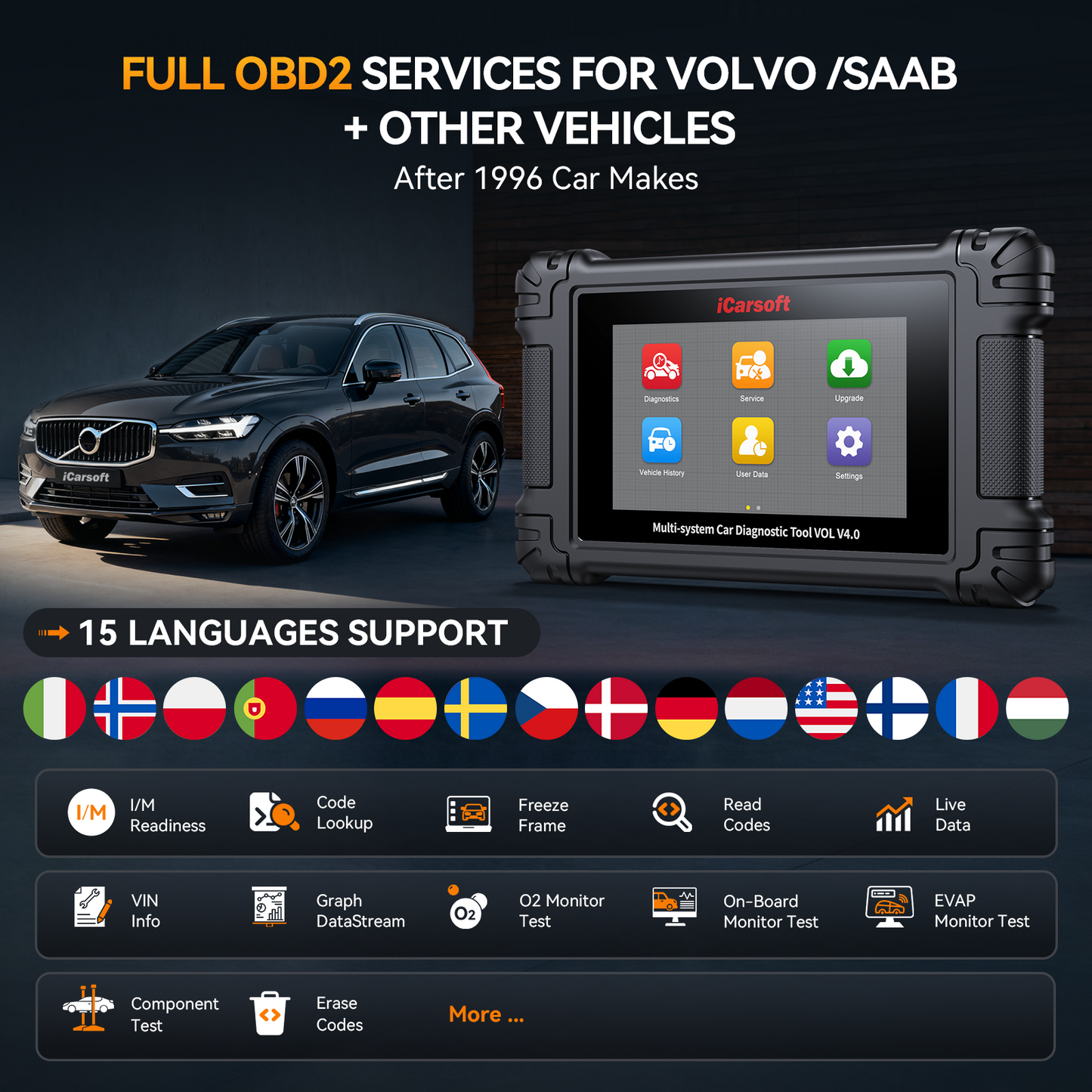 iCarsoft VOL V4.0 Volvo & Saab + 2 valfri bilmärken | diagnosverktyg felkodsläsare WIFI | 5" Touchskärm