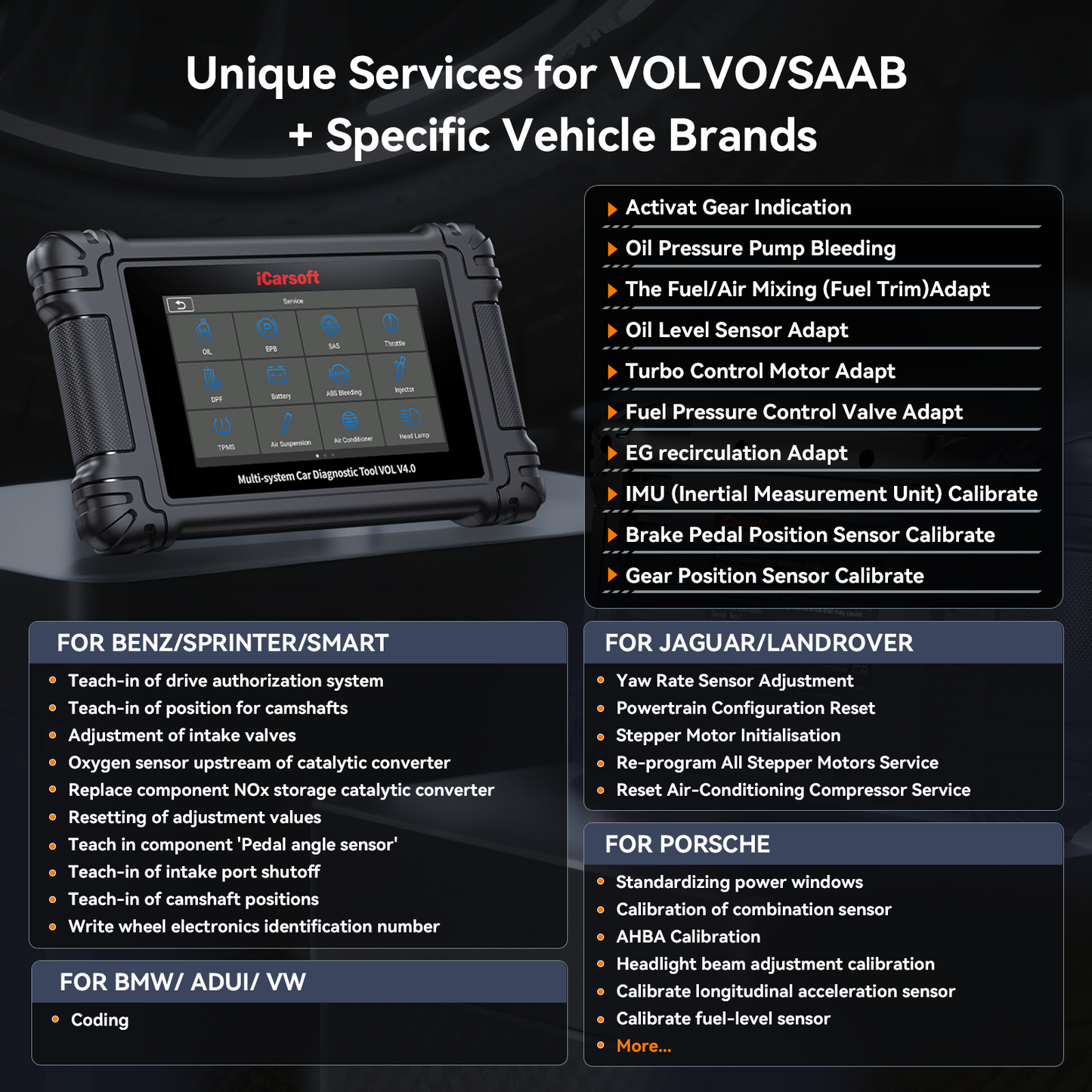 iCarsoft VOL V4.0 Volvo & Saab + 2 valfri bilmärken | diagnosverktyg felkodsläsare WIFI | 5" Touchskärm