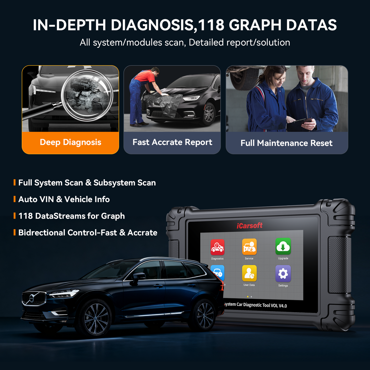 iCarsoft VOL V4.0 Volvo & Saab + 2 valfri bilmärken | diagnosverktyg felkodsläsare WIFI | 5" Touchskärm