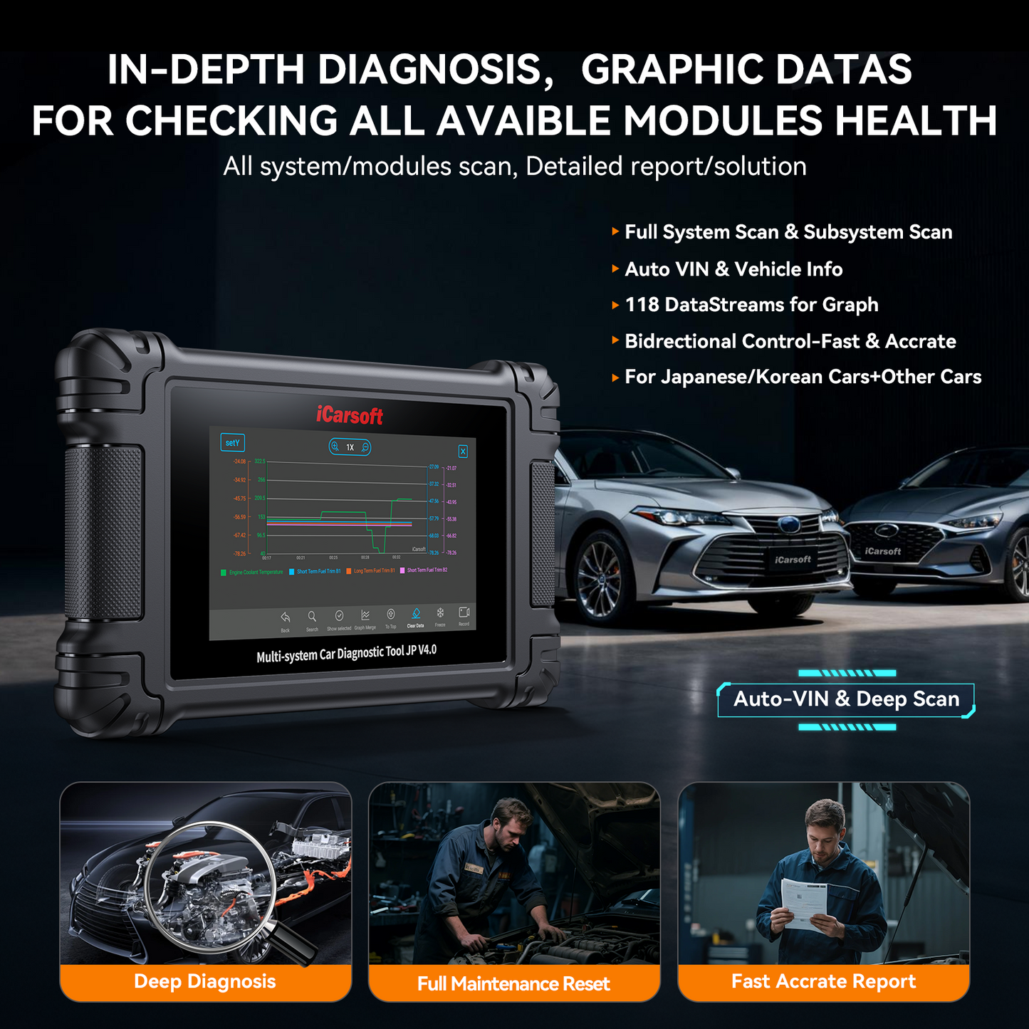 iCarsoft JP V4.0 Diagnosverktyg för Toyota, Lexus, Scion, Honda, Acura, Nissan, Infiniti, Nissan GTR, Mazda, Mitsubishi, Subaru, Suzuki, Hyundai, Kia, Isuzu, Daewoo WIFI | 5" Touchskärm