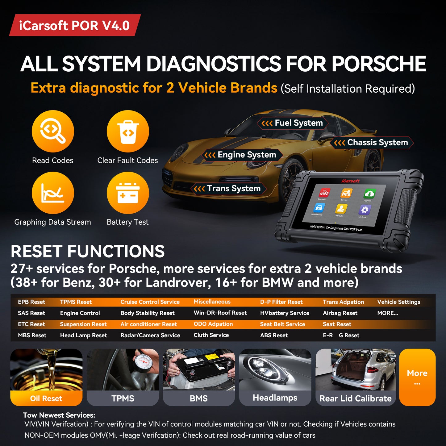 iCarsoft POR V4.0 Porsche + 2 valfri bilmärken | diagnosverktyg felkodsläsare WIFI | 5" Touchskärm