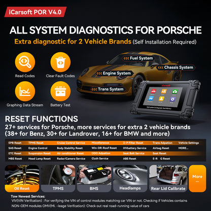 iCarsoft POR V4.0 Porsche + 2 valfri bilmärken | diagnosverktyg felkodsläsare WIFI | 5" Touchskärm