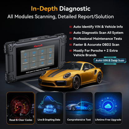 iCarsoft POR V4.0 Porsche + 2 valfri bilmärken | diagnosverktyg felkodsläsare WIFI | 5" Touchskärm
